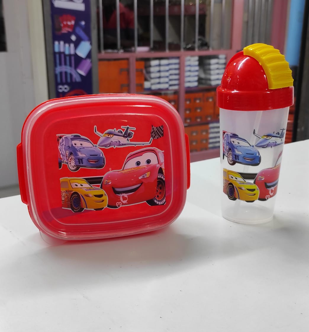 Combo cartoon themed 2-in-1 Lunch Box with Tumbler Set with straw, Lunchbox Food Storage Drinking Bottle, kids snackbox with water bottle set, 2 grid Snack box with water bottle