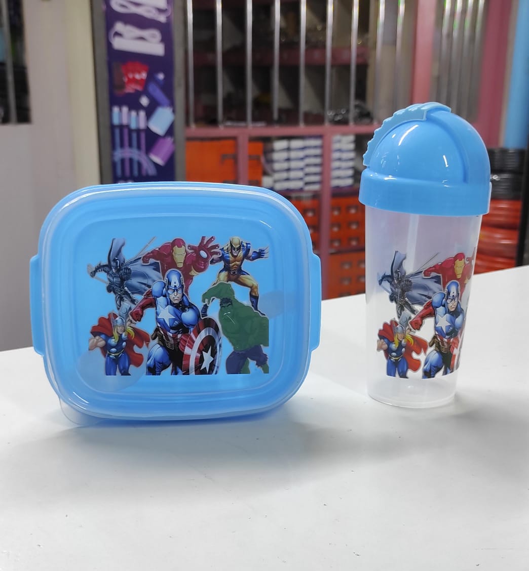 Combo cartoon themed 2-in-1 Lunch Box with Tumbler Set with straw, Lunchbox Food Storage Drinking Bottle, kids snackbox with water bottle set, 2 grid Snack box with water bottle