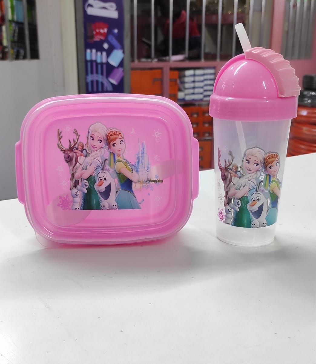 Combo cartoon themed 2-in-1 Lunch Box with Tumbler Set with straw, Lunchbox Food Storage Drinking Bottle, kids snackbox with water bottle set, 2 grid Snack box with water bottle