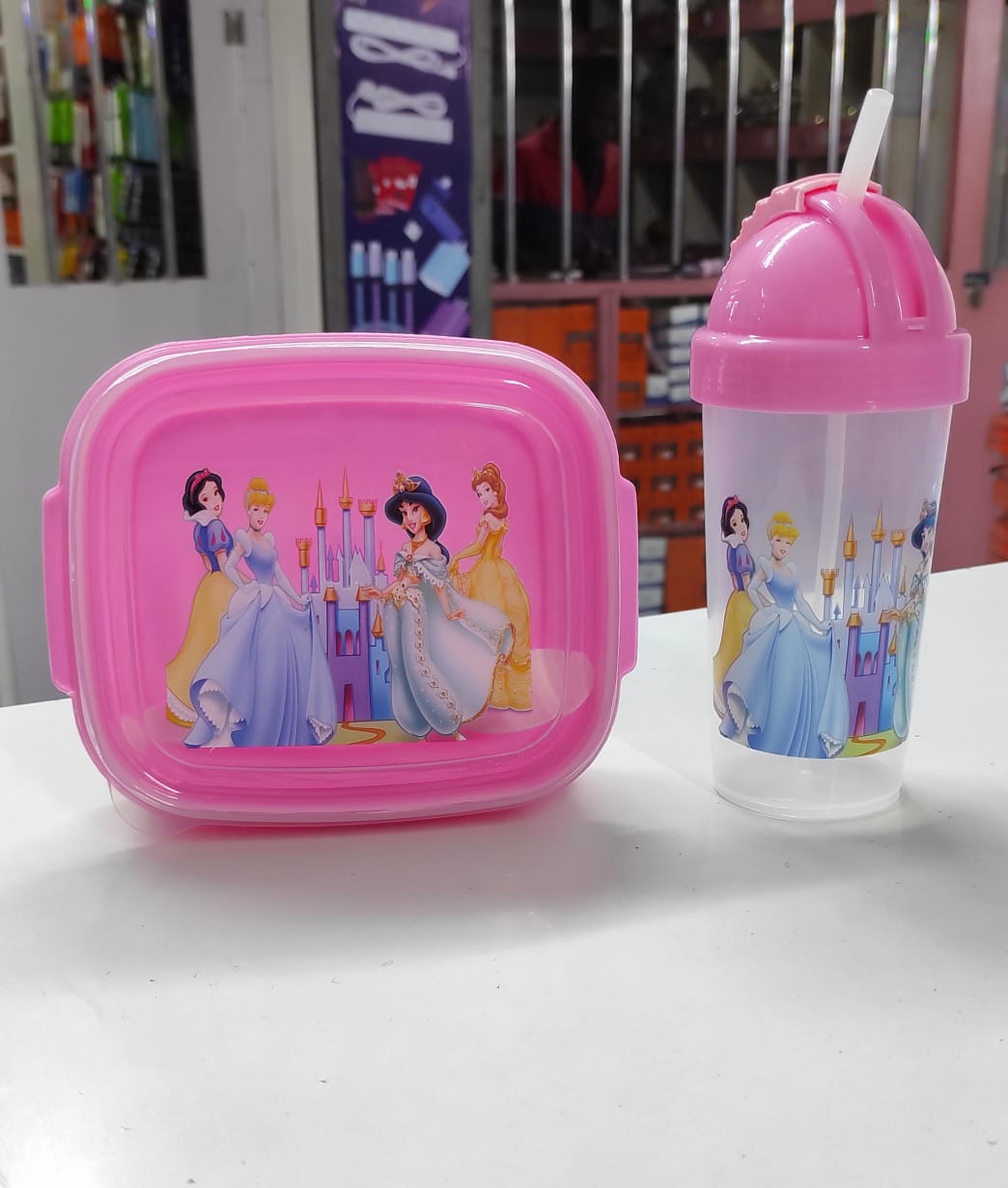 Combo cartoon themed 2-in-1 Lunch Box with Tumbler Set with straw, Lunchbox Food Storage Drinking Bottle, kids snackbox with water bottle set, 2 grid Snack box with water bottle