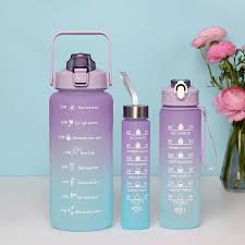 3 Pc Leak Proof Motivational Water Bottle With Straw & Stickers