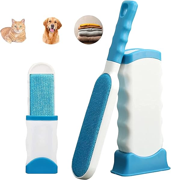 Pet Hair Remover, Reusable Cat Double-Sided Lint Brush with Self Cleaning Base Removes Dog Cat Fur from Clothing, Furniture,Car,Fabric Set-Travel Size Included,Lint Roller Brush