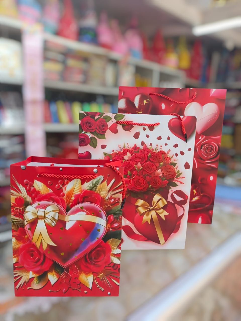 Valentines Gift bag Size A3,,,3pcs Perfect medium size for chocolates, perfumes, teddy bears, mugs & small gifts
Romantic Valentine designs (hearts, love prints, red/pink tones)
Strong paper material