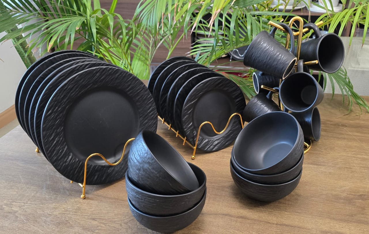 24 pieces High quality black dinner  set Dinner set is a great item you need for your kitchen accessories. Buy this very beautiful and luxurious dinner set and you will enjoy your meal.