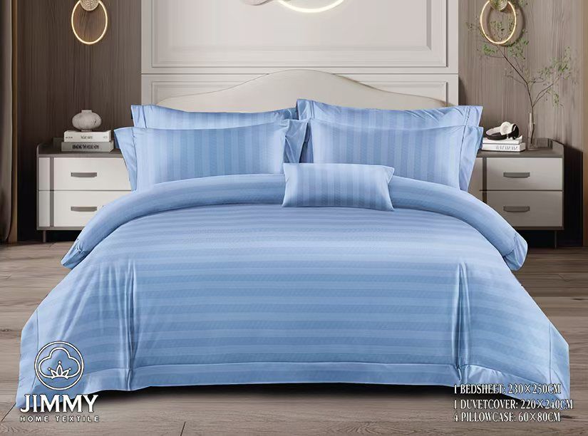 Striped duvet cover 
1 pc bedsheet 
4 pmqillow cases 
 Available in  white, blue & dark grey 
 Size 6×7
