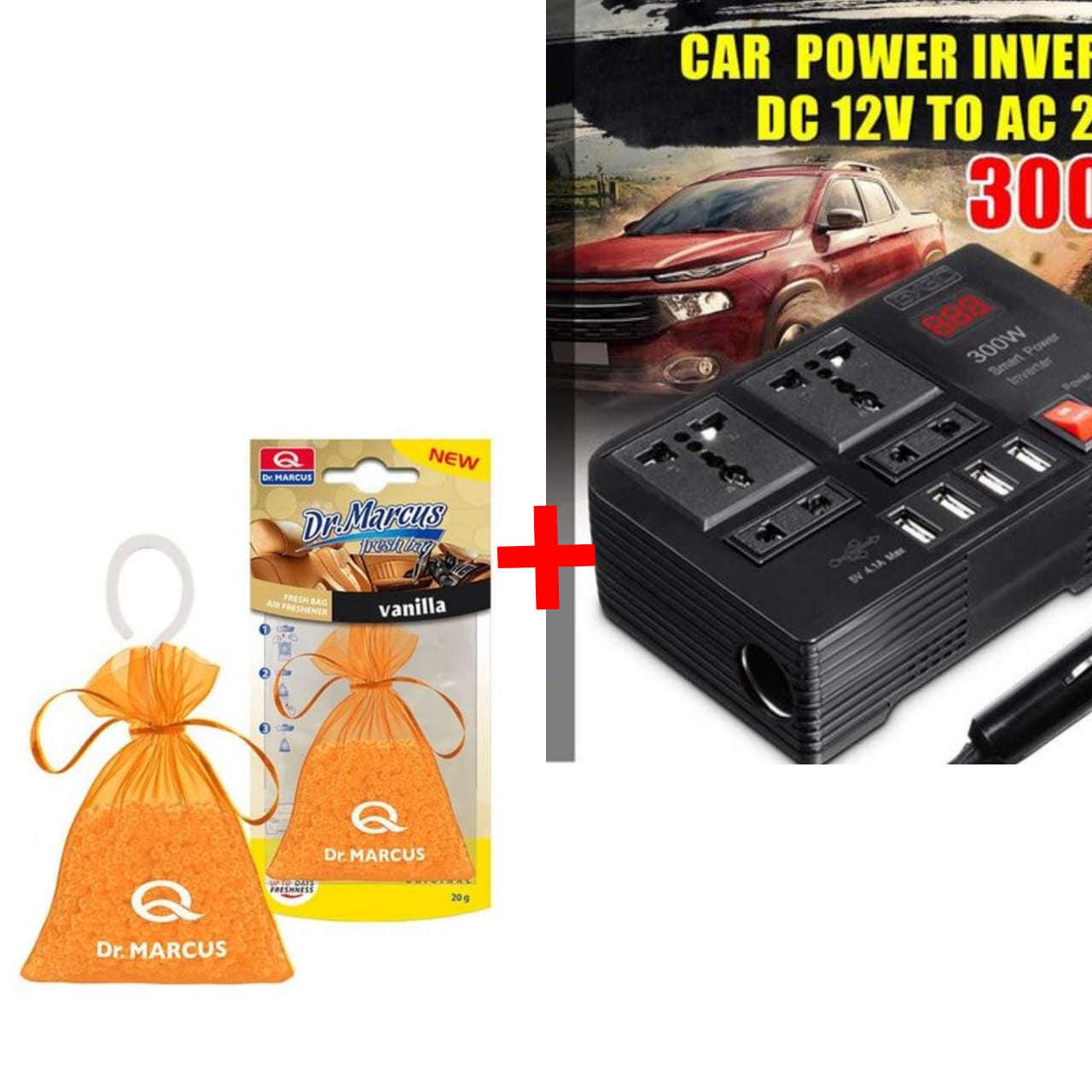 300W Car Power Inverter Dc to Ac 12V to 240V With 4 Ac ports, 4 USB ports, cigarette lighter plus free air freshener
