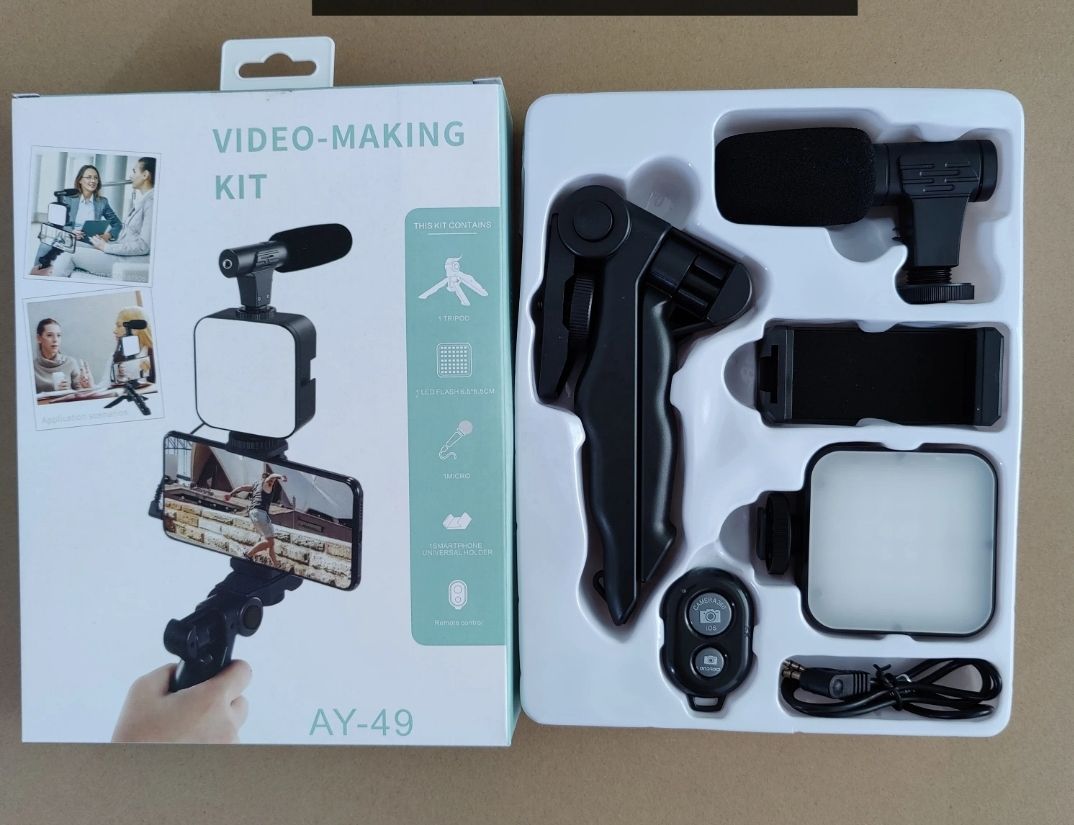 Camera Video Recording Vlogging Kit for Video Making, Mic, Mini Tripod Stand, LED Light & Phone Holder Clip for Making Videos Podcasting