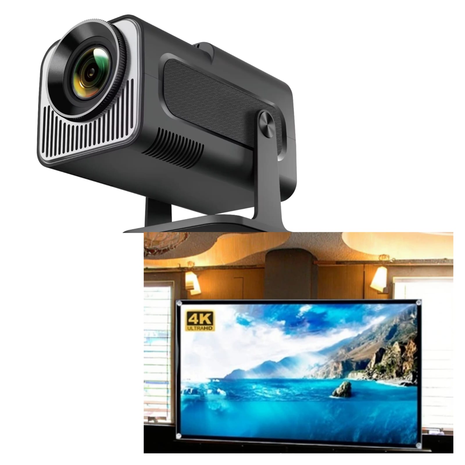Mini HY320 Model 4K Android Projector, Dual Wifi 6, Wireless 5.0, Portable Cinema Projector with Upgraded Features, plus 100inchs screen projector as gift