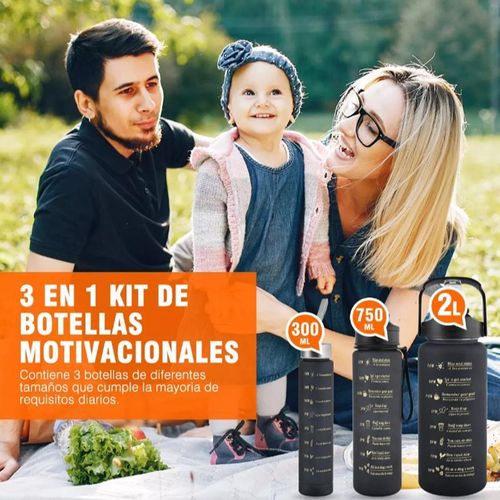 3 IN 1 Pack of 3 Water Bottles, 2 Litres,750ML,300ML Sports Water Bottles, Leakproof & BPA Free, Motivational Water Bottles with Time Marker for Outdoor Sports, Fitness, Office