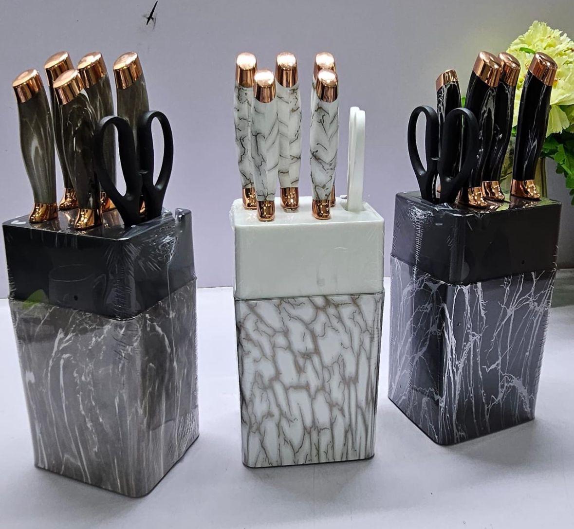 7 PCS  MARBLE PROFFESSIONAL CHEF KNIFE SET -  WITH BLOCK  AND  ERGONOMIC HANDLE AND KITCHEN SCISSORS