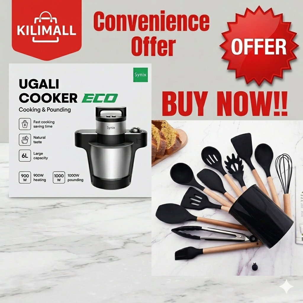 Ugali Cooker + 12 Non stick cooking spoons | Syinix Eco Ugali Cooker – Efficient Electric Cooking Pot, Non-stick inner pot for easy cooking and cleaning, Perfect for ugali, porridge, rice, and stews.