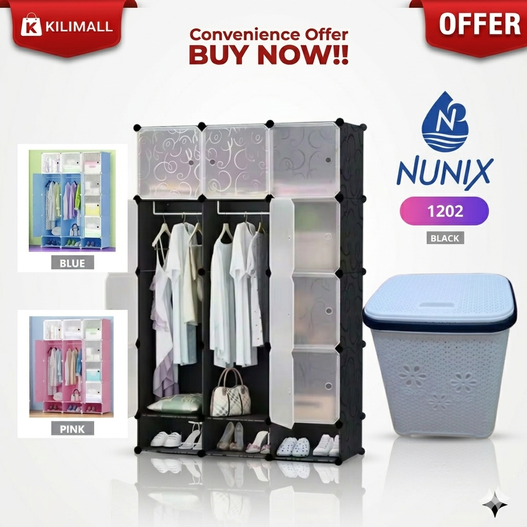NEW OFFER !! 3 Column Portable Plastic Wardrobe + Laundry Basket & Lid – Spacious Clothes Organizer Cabinet for Bedroom Storage
