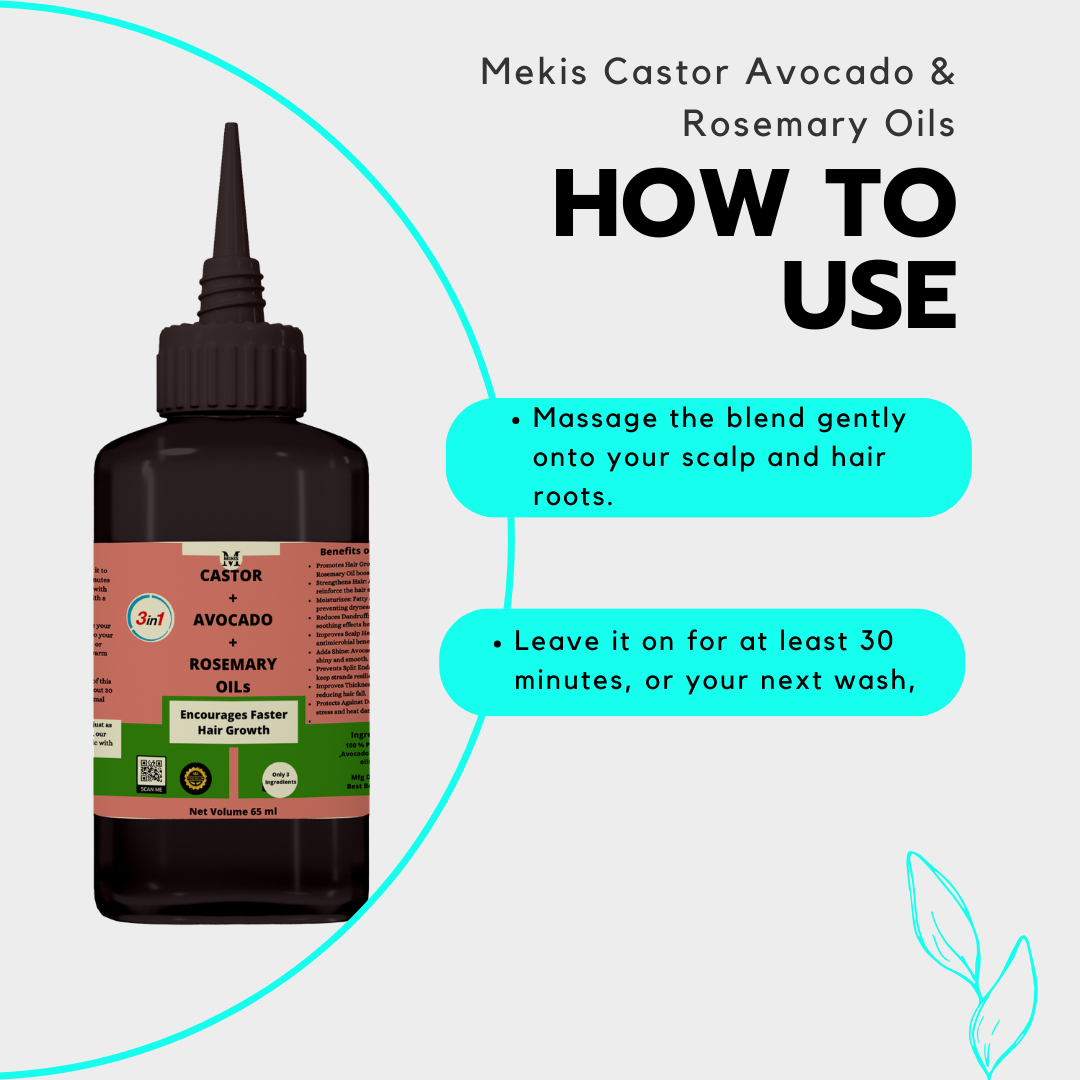 Mekis Castor ,Avocado & Rosemary Blend - Promotes hair growth,Strengthens Hair,Prevents Split Ends