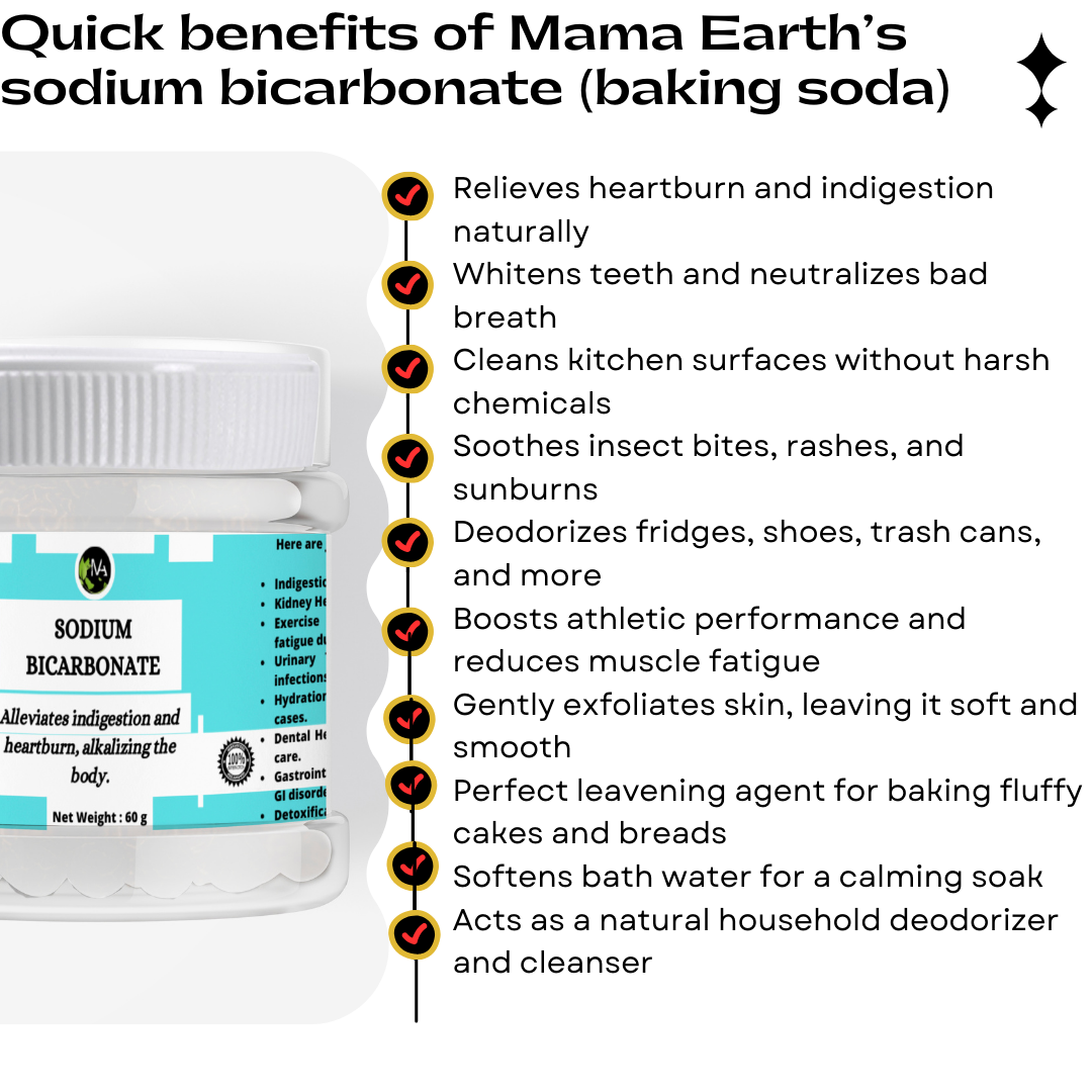 Sodium Bicarbonate (Baking Soda) - Relieves heartburn,Whitens teeth ,Deodorizes fridges, shoes, trash cans