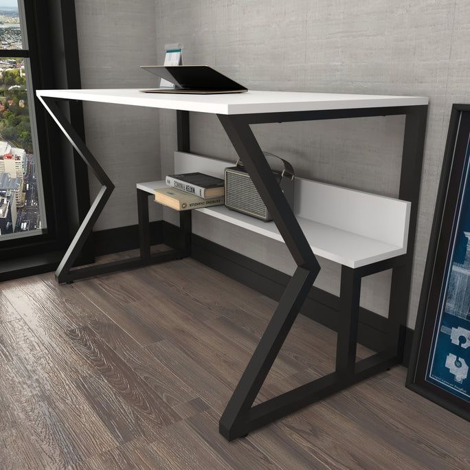 Steel-Framed Desk with White or Black Frame and White Top - Durable and Stylish Design, Includes Bottom Shelf for Extra Storage, Perfect for Home Office, Study, or Work-from-Home Setup