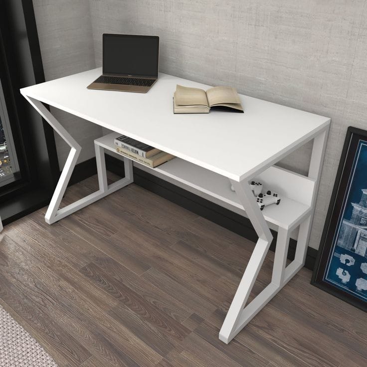 Steel-Framed Desk with White or Black Frame and White Top - Durable and Stylish Design, Includes Bottom Shelf for Extra Storage, Perfect for Home Office, Study, or Work-from-Home Setup