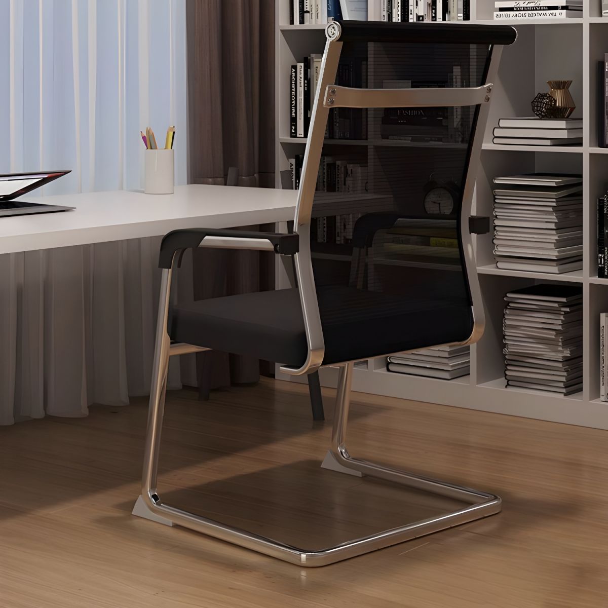 Ergonomic Mesh Back Conference Chair with breathable backrest, integrated armrests and sleek design in a modern office setting.