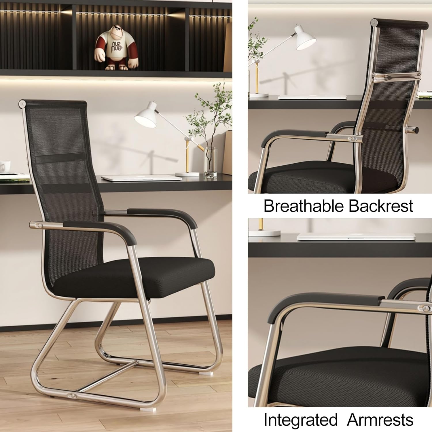 Ergonomic Mesh Back Conference Chair with breathable backrest, integrated armrests and sleek design in a modern office setting.