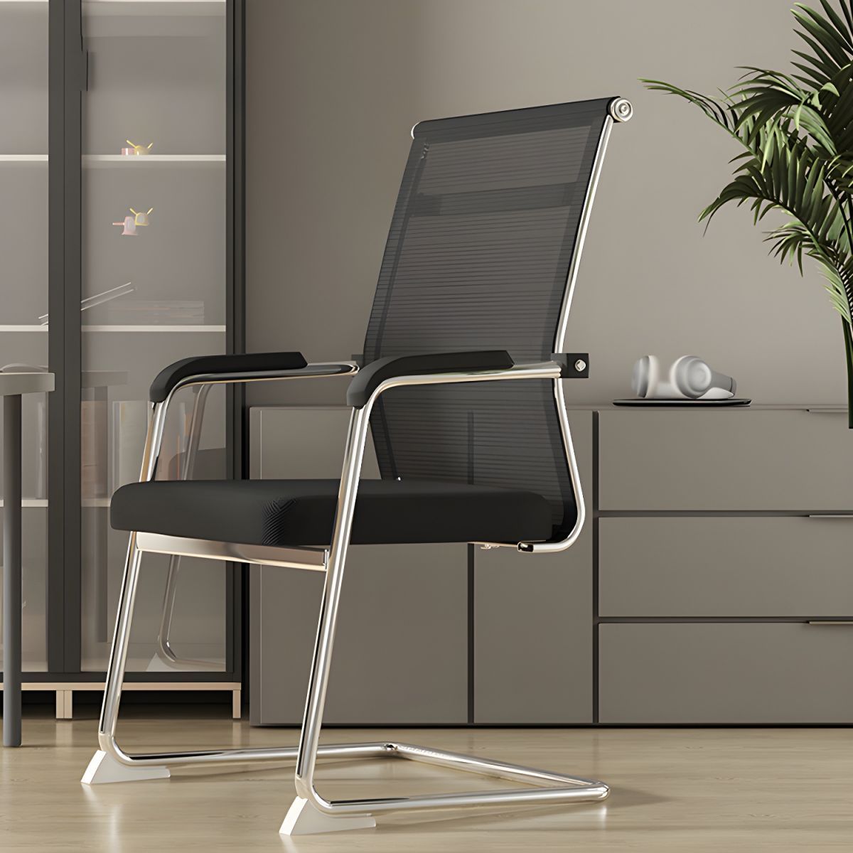 Ergonomic Mesh Back Conference Chair with breathable backrest, integrated armrests and sleek design in a modern office setting.