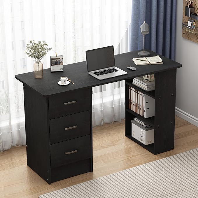 HOMCOM 47" Modern Home Office Computer Desk Bookcase Combo Writing Table Workstation with 3 Drawer and Storage Shelf - Black