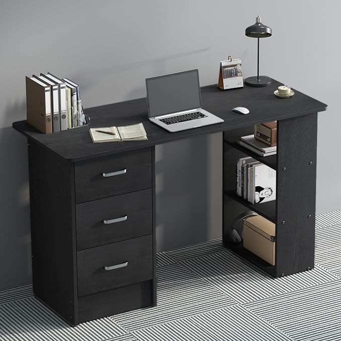 HOMCOM 47" Modern Home Office Computer Desk Bookcase Combo Writing Table Workstation with 3 Drawer and Storage Shelf - Black