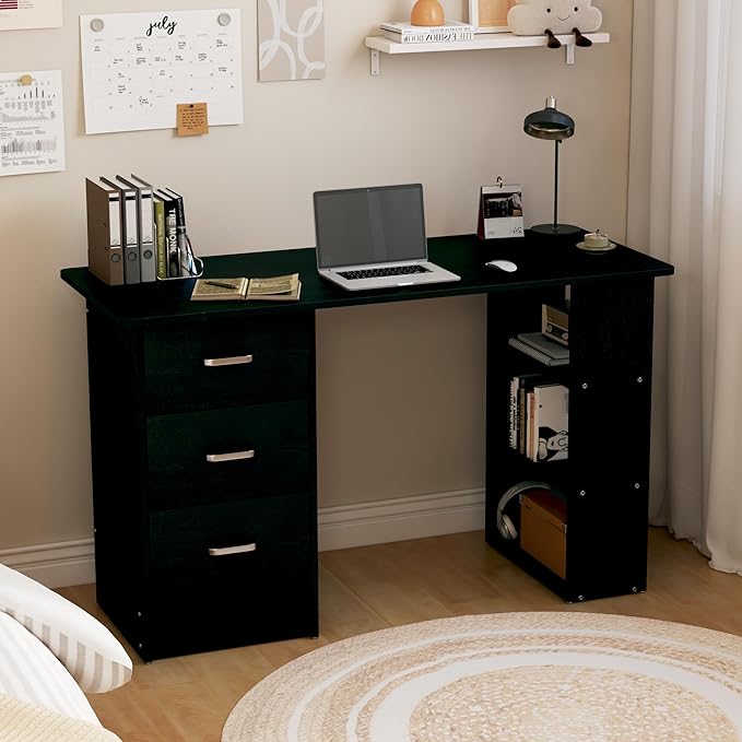 HOMCOM 47" Modern Home Office Computer Desk Bookcase Combo Writing Table Workstation with 3 Drawer and Storage Shelf - Black