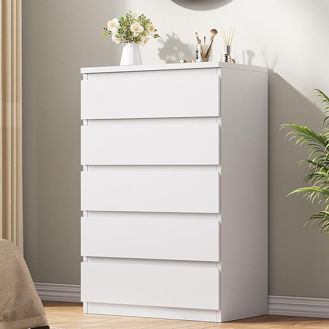 White 5 Drawer Dresser for Bedroom,Simply Modern Chest of Drawers, Wood Storage Dresser with Deep Drawers for Living Room Hallway Entryway, White