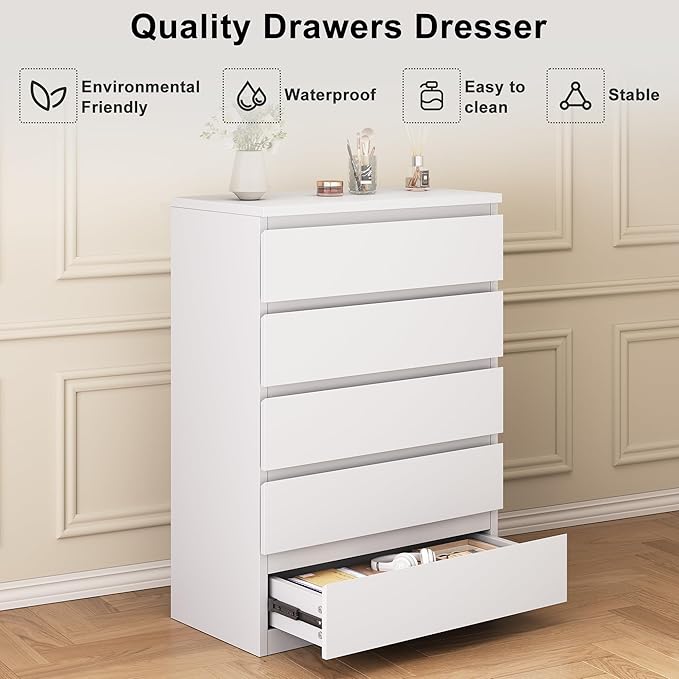 White 5 Drawer Dresser for Bedroom,Simply Modern Chest of Drawers, Wood Storage Dresser with Deep Drawers for Living Room Hallway Entryway, White