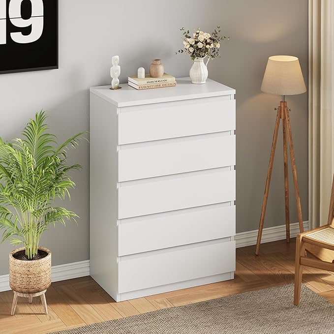 White 5 Drawer Dresser for Bedroom,Simply Modern Chest of Drawers, Wood Storage Dresser with Deep Drawers for Living Room Hallway Entryway, White