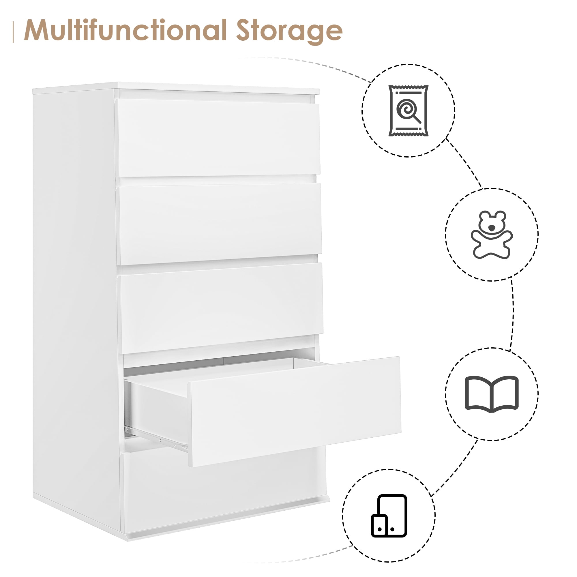 White 5 Drawer Dresser for Bedroom,Simply Modern Chest of Drawers, Wood Storage Dresser with Deep Drawers for Living Room Hallway Entryway, White