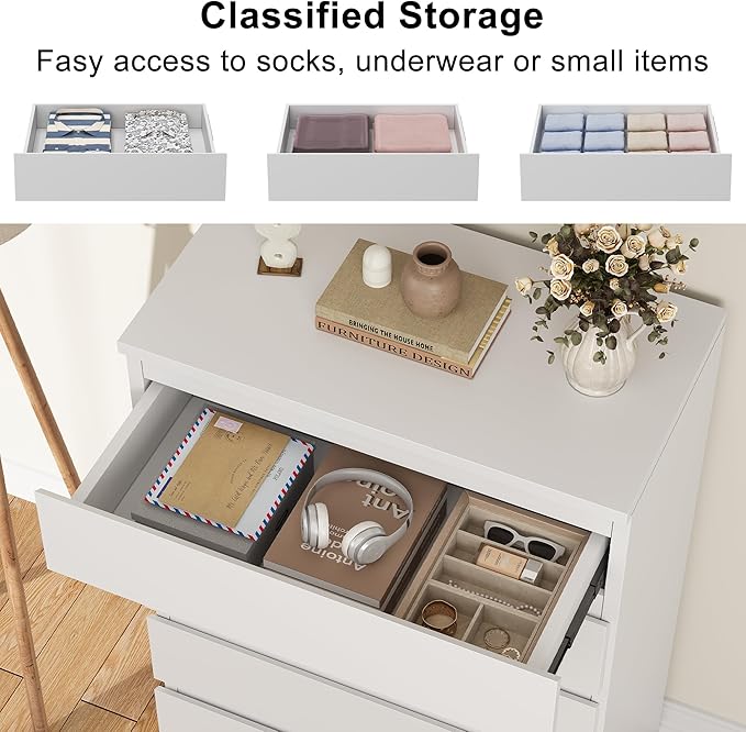 White 5 Drawer Dresser for Bedroom,Simply Modern Chest of Drawers, Wood Storage Dresser with Deep Drawers for Living Room Hallway Entryway, White
