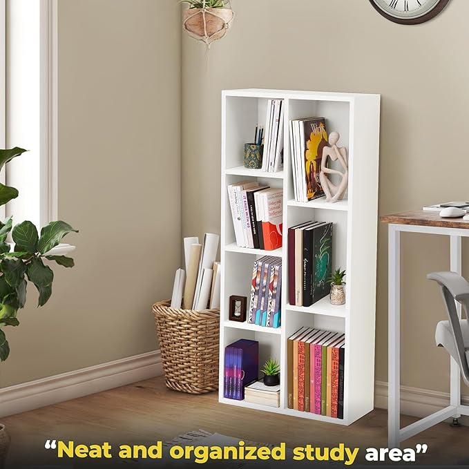 HOME PLUS Book Shelf 7 Cubes Engineered Wood DIY Multipurpose Book Stand for Home Office Study Room Open Storage Organizer Showcase for Bedroom, Living Room (White - L 49.5 x B 24 x H 110 cm)