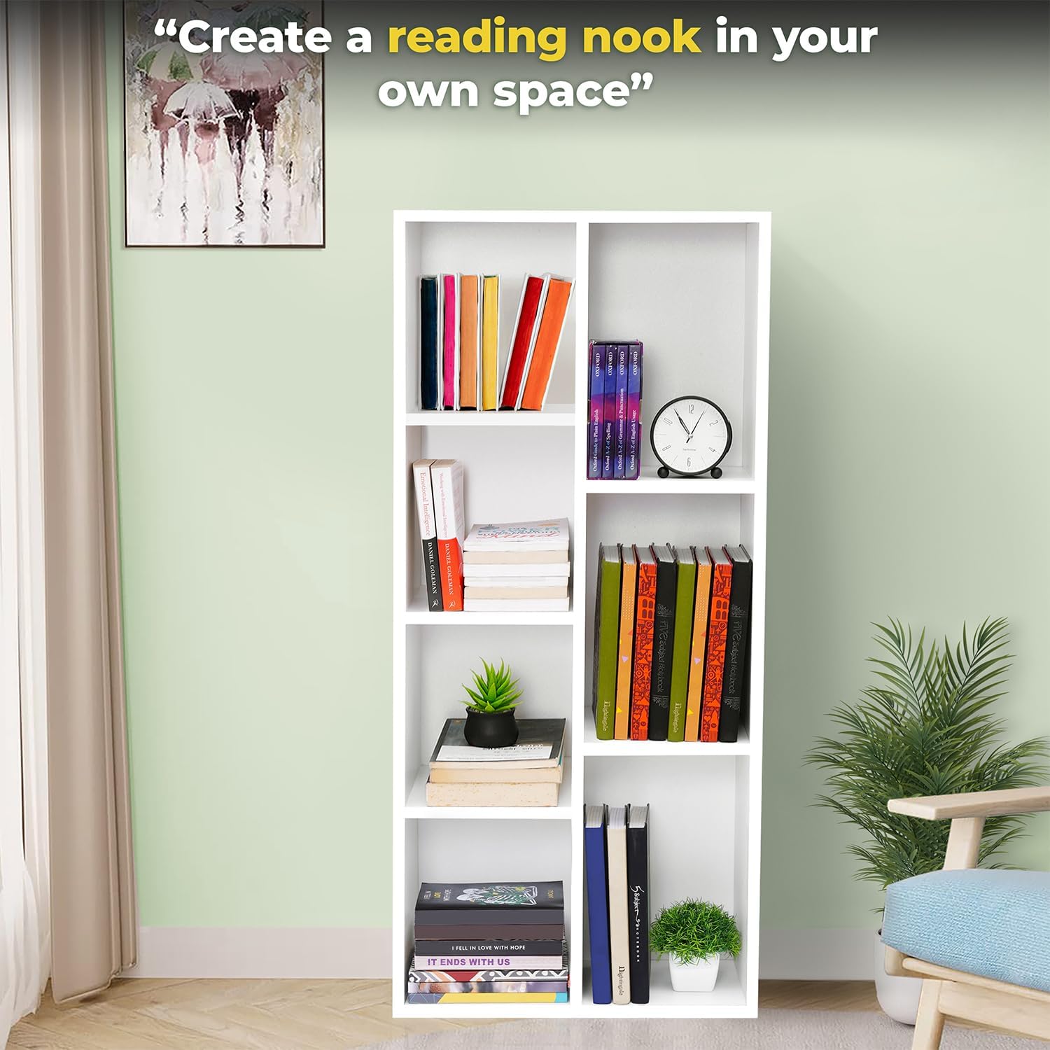 HOME PLUS Book Shelf 7 Cubes Engineered Wood DIY Multipurpose Book Stand for Home Office Study Room Open Storage Organizer Showcase for Bedroom, Living Room (White - L 49.5 x B 24 x H 110 cm)