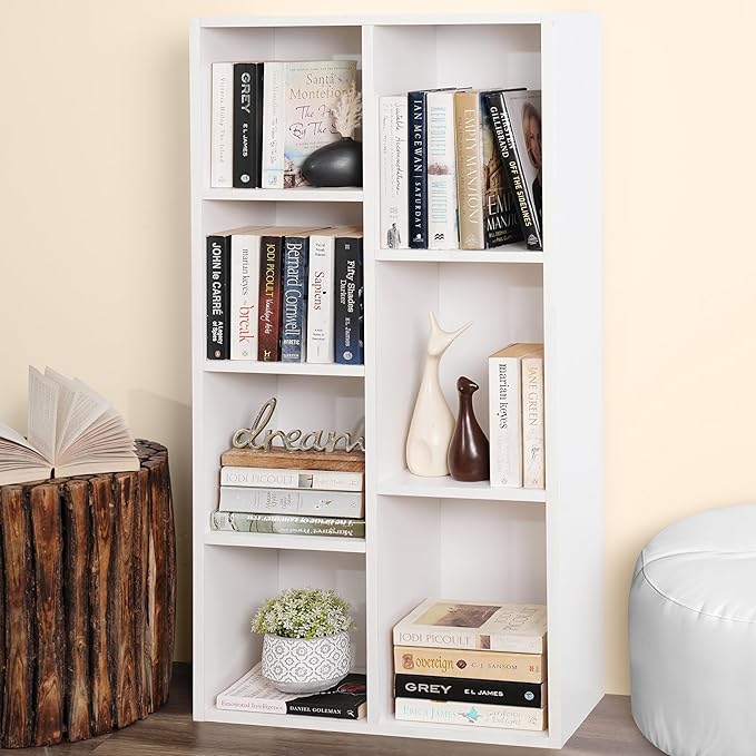 HOME PLUS Book Shelf 7 Cubes Engineered Wood DIY Multipurpose Book Stand for Home Office Study Room Open Storage Organizer Showcase for Bedroom, Living Room (White - L 49.5 x B 24 x H 110 cm)