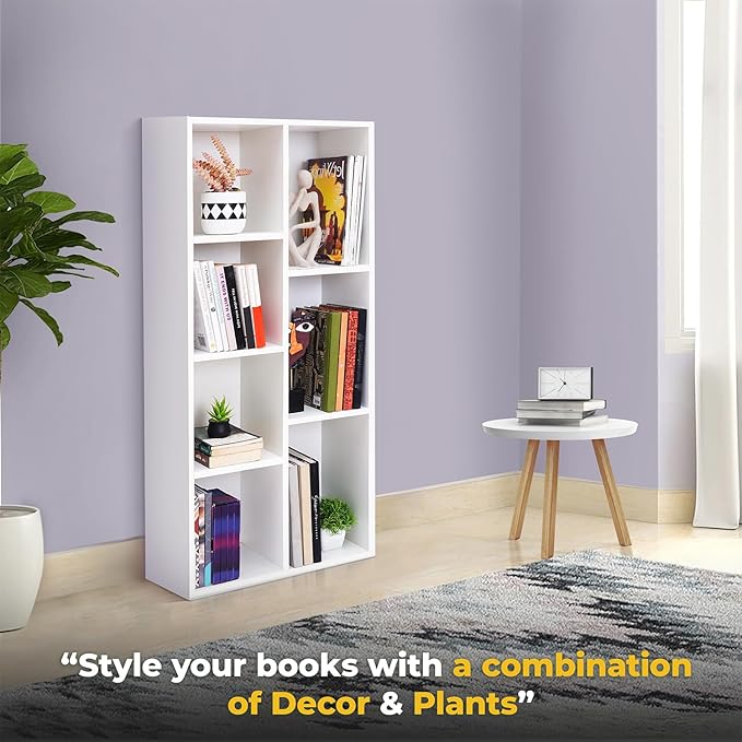 HOME PLUS Book Shelf 7 Cubes Engineered Wood DIY Multipurpose Book Stand for Home Office Study Room Open Storage Organizer Showcase for Bedroom, Living Room (White - L 49.5 x B 24 x H 110 cm)