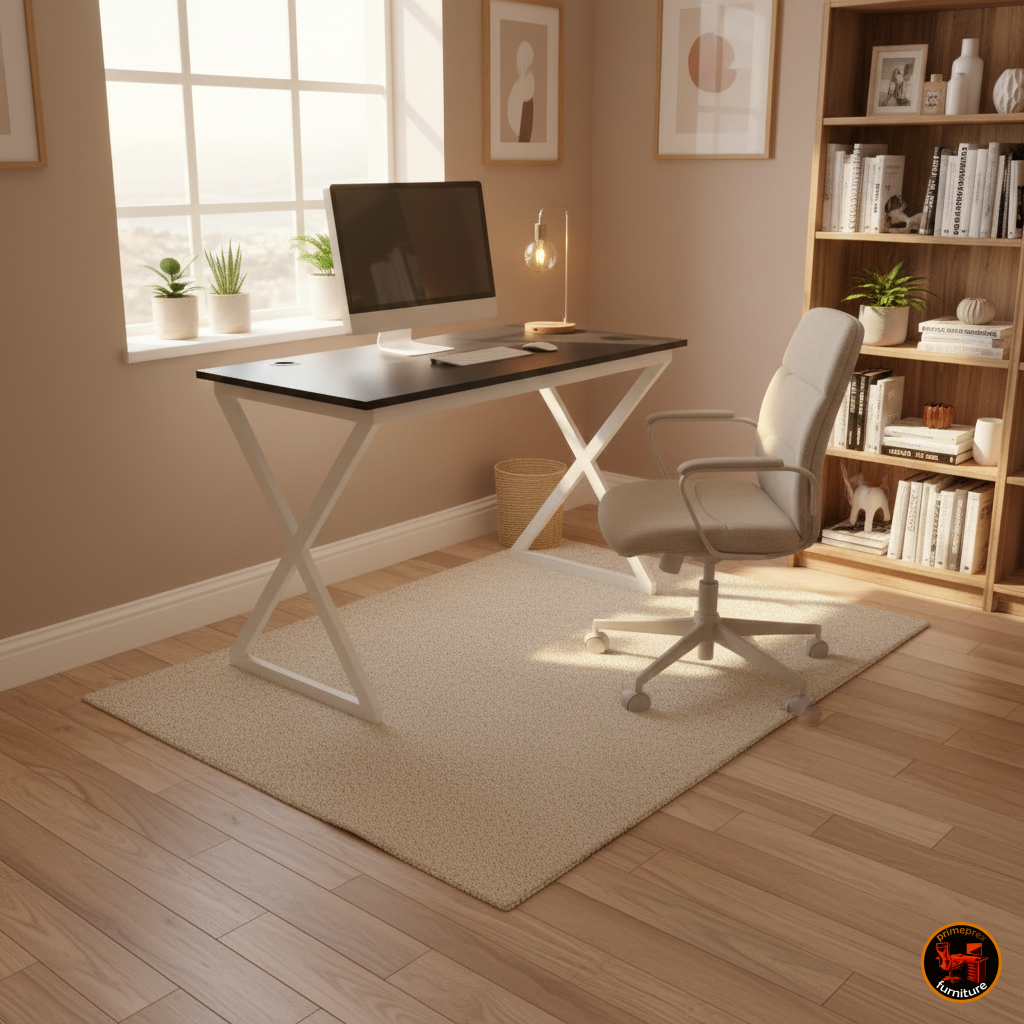 Modern Minimalist X-Frame Writing Desk, White Computer Table with Metal Legs, Scandi Style Home Office Furniture, Grey and White Study Desk, Compact Laptop Station, Architectural Desk.