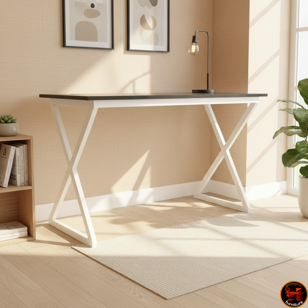 Modern Minimalist X-Frame Writing Desk, White Computer Table with Metal Legs, Scandi Style Home Office Furniture, Grey and White Study Desk, Compact Laptop Station, Architectural Desk.
