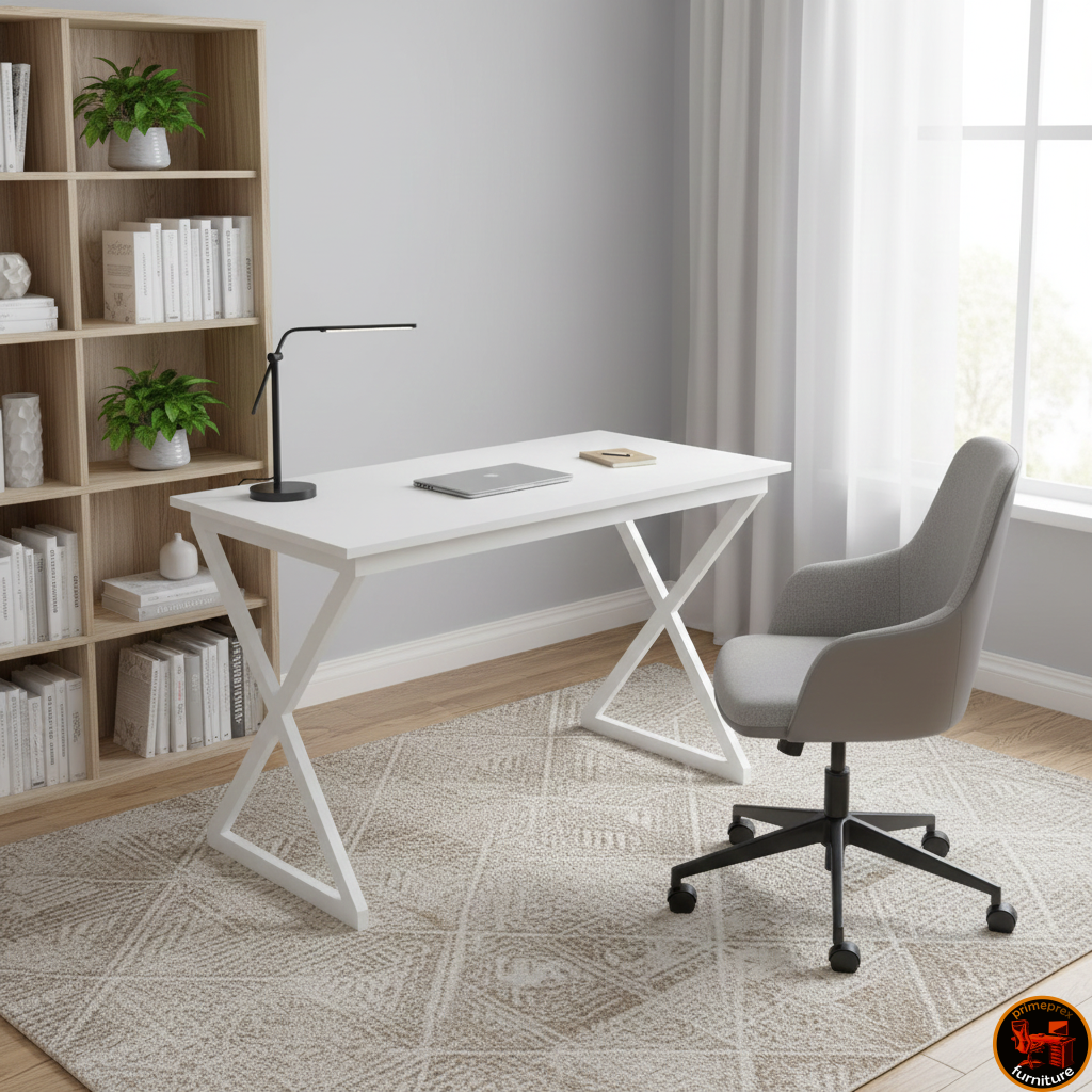 Modern Minimalist X-Frame Writing Desk, White Computer Table with Metal Legs, Scandi Style Home Office Furniture, Grey and White Study Desk, Compact Laptop Station, Architectural Desk.