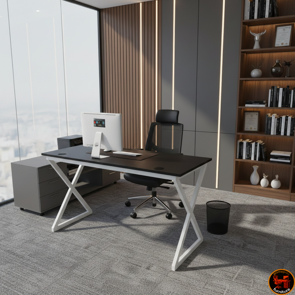 Modern Minimalist X-Frame Writing Desk, White Computer Table with Metal Legs, Scandi Style Home Office Furniture, Grey and White Study Desk, Compact Laptop Station, Architectural Desk.