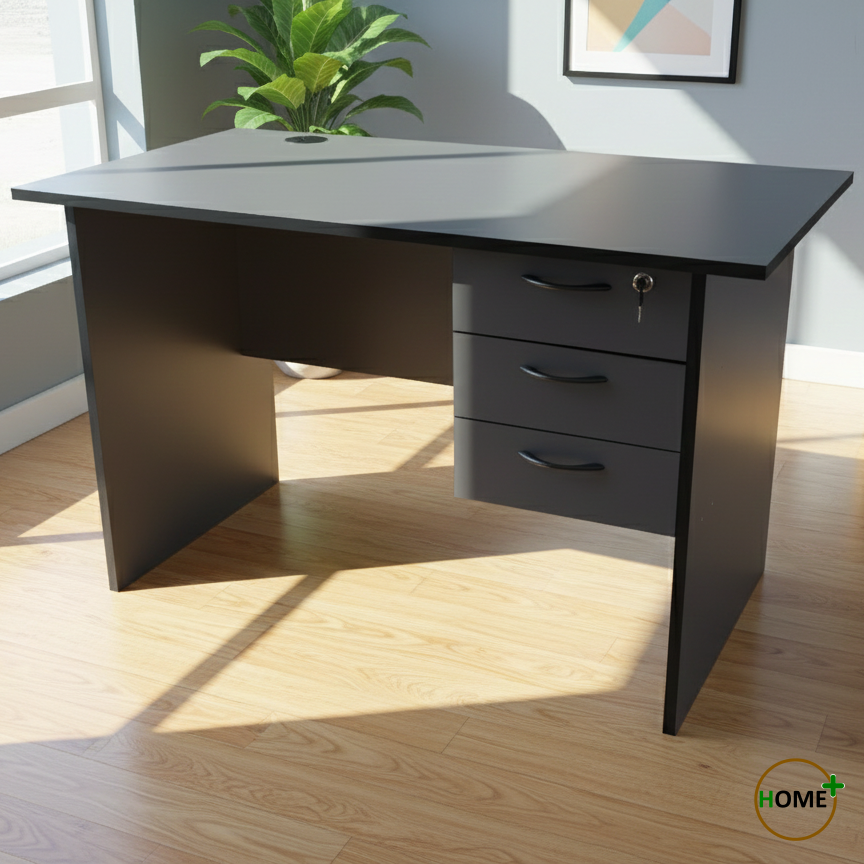 HOME OFFICE COMPUTER DESK, WRITING DESK. OFFICE DESK. GRAY DESK WITH RUNNERS AND 3 LARGE DRAWERS. 1200MM LARGE TOP. Modern Executive Home Office Desk Set with 3-Drawer Storage & Headrest Chair