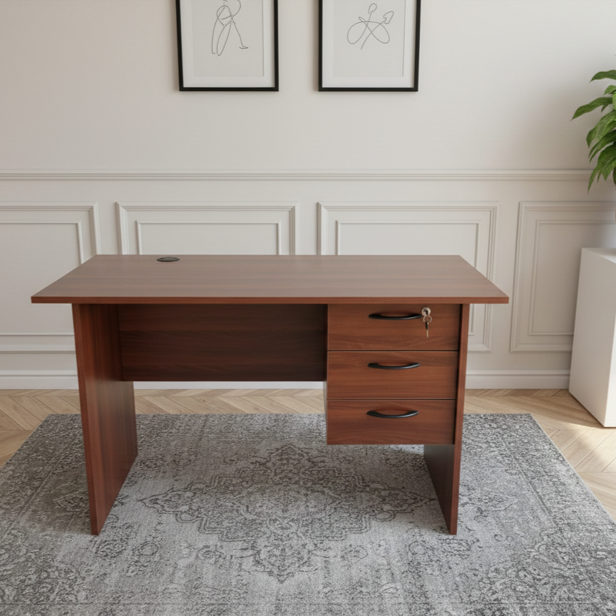 HOME OFFICE COMPUTER DESK, WRITING DESK. OFFICE DESK. DARK WALNUT DESK WITH RUNNERS AND 3 LARGE DRAWERS. 1200MM LARGE TOP. Modern Executive Home Office Desk  with 3-Drawer Storage . Home study desk.