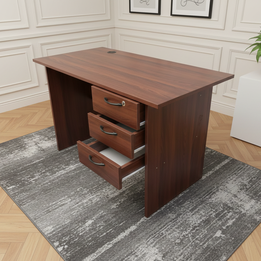 HOME OFFICE COMPUTER DESK, WRITING DESK. OFFICE DESK. DARK WALNUT DESK WITH RUNNERS AND 3 LARGE DRAWERS. 1200MM LARGE TOP. Modern Executive Home Office Desk  with 3-Drawer Storage . Home study desk.