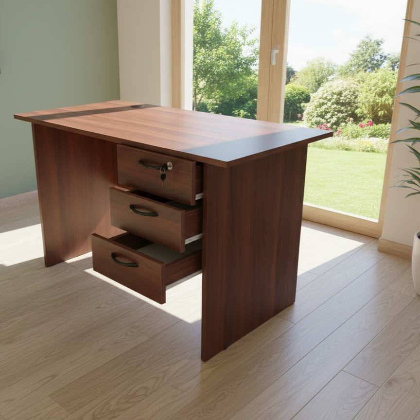 HOME OFFICE COMPUTER DESK, WRITING DESK. OFFICE DESK. DARK WALNUT DESK WITH RUNNERS AND 3 LARGE DRAWERS. 1200MM LARGE TOP. Modern Executive Home Office Desk  with 3-Drawer Storage . Home study desk.