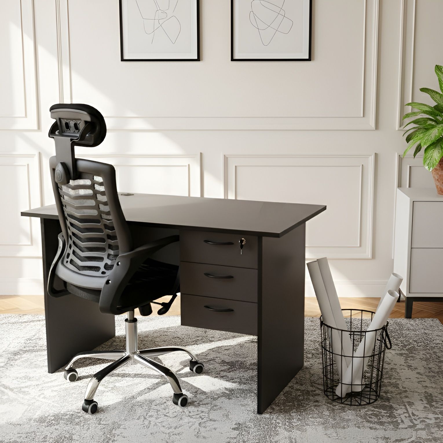 HOME OFFICE COMPUTER DESK, WRITING DESK. OFFICE DESK. GRAY DESK WITH RUNNERS AND 3 LARGE DRAWERS. 1200MM LARGE TOP. Modern Executive Home Office Desk Set with 3-Drawer Storage & Headrest Chair