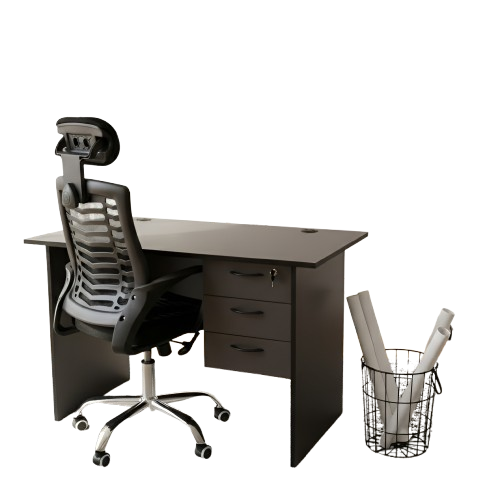 HOME OFFICE COMPUTER DESK, WRITING DESK. OFFICE DESK. GRAY DESK WITH RUNNERS AND 3 LARGE DRAWERS. 1200MM LARGE TOP. Modern Executive Home Office Desk Set with 3-Drawer Storage & Headrest Chair