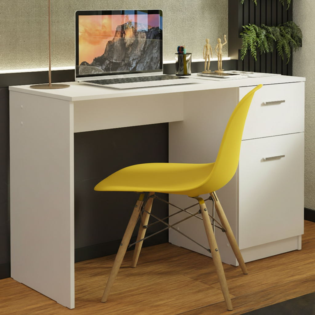 HOME PLUS COMPACT Computer Desk Study Table for Small Spaces Home Office 43 Inch Student Laptop PC Writing Desks with Storage and Drawer, Modern Ergonomic Gaming Workstation. White/Green/Yellow chair.