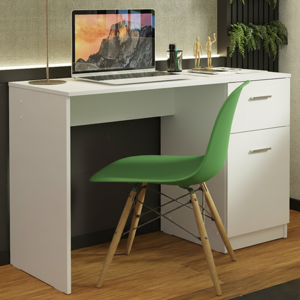 HOME PLUS COMPACT Computer Desk Study Table for Small Spaces Home Office 43 Inch Student Laptop PC Writing Desks with Storage and Drawer, Modern Ergonomic Gaming Workstation. White/Green/Yellow chair.