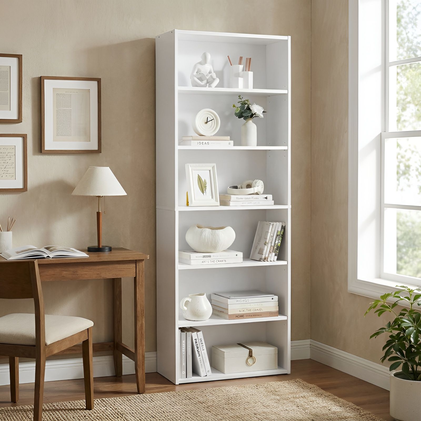 HOME PLUS 63'' Industrial Minimalist Standard Bookcase. DISPLAY STAND. Bookshelf with 6 spaces. 6- TIER BOOKCASE
