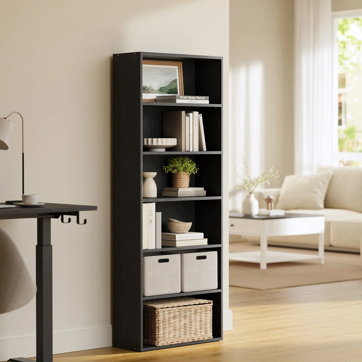 HOME PLUS 63'' Industrial Minimalist Standard Bookcase. DISPLAY STAND. Bookshelf with 6 spaces. 6- TIER BOOKCASE