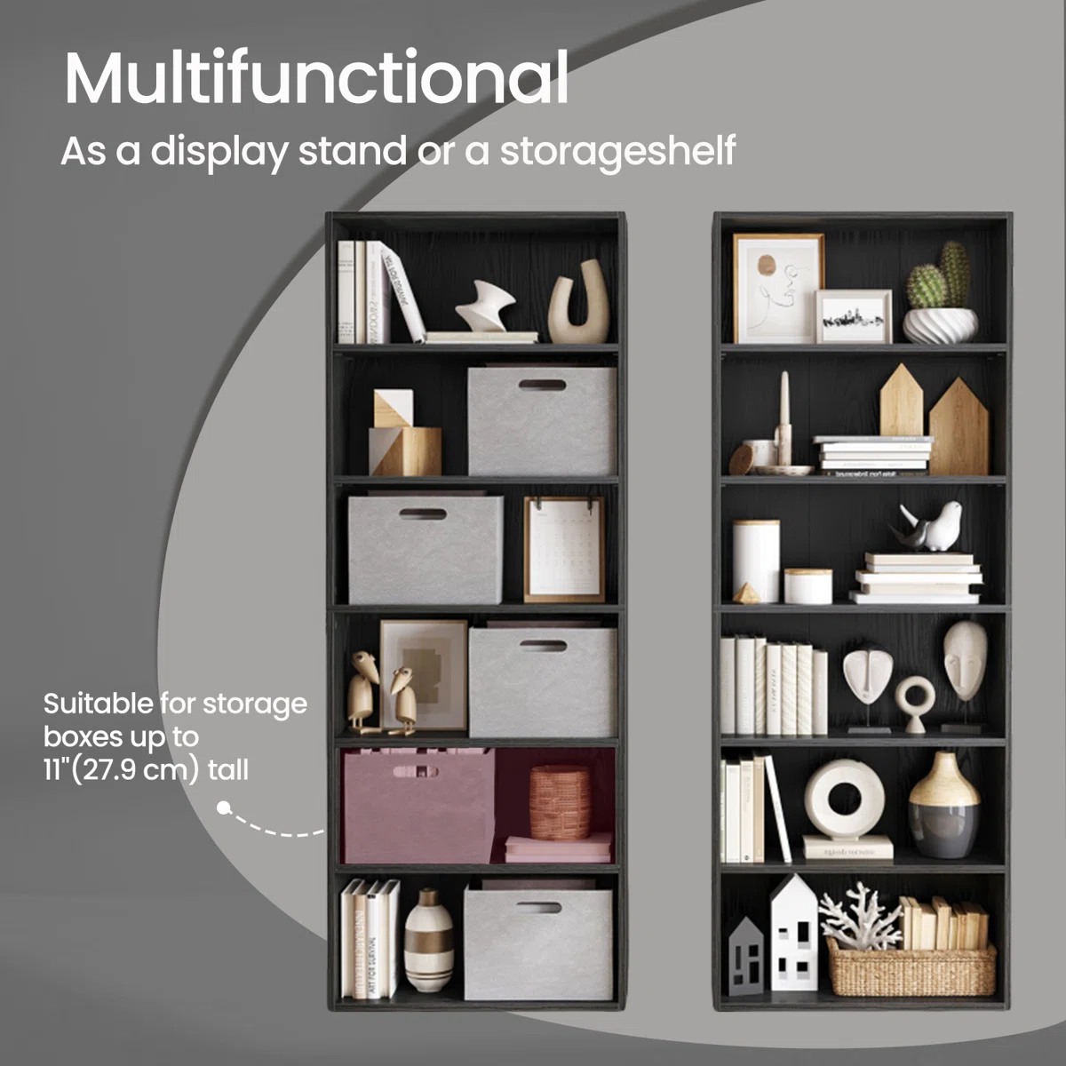 HOME PLUS 63'' Industrial Minimalist Standard Bookcase. DISPLAY STAND. Bookshelf with 6 spaces. 6- TIER BOOKCASE